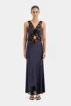 Sir Aries Lace-trimmed Silk Satin Gown In Navy