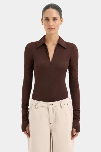Sir Jacques Mesh Zip Bodysuit In Chocolate