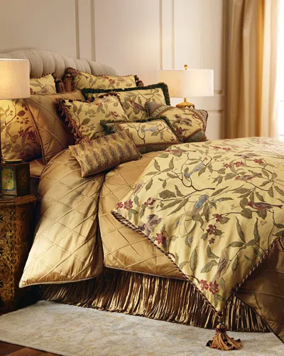 Austin Horn Collection Chirping Fringed Bird Pillow With Shirred Silk Frame, 14" X 20" In Gold