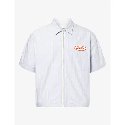 Austin Post Mens Gas Station Striped Cotton Shirt Blue