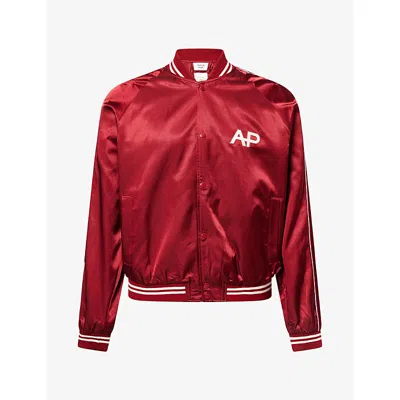Austin Post Mens Teddy Brand-print Satin Jacket Red