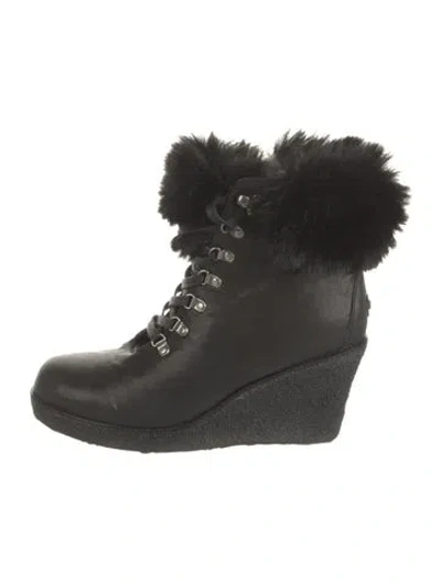 Pre-owned Australia Luxe Collective Leather Faux Fur Trim Lace-up Boots In Black