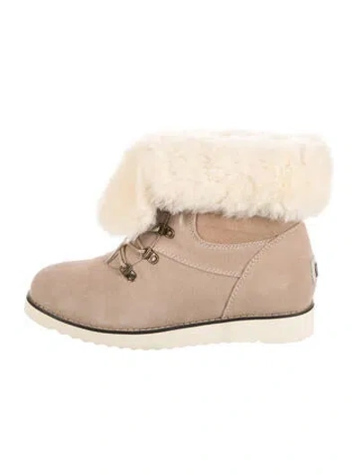 Pre-owned Australia Luxe Collective Suede Faux Fur Trim Lace-up Boots In Neutrals