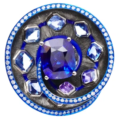 Pre-owned Austy Lee 11.65 Carats Blue Sapphire & Diamond Spiral Ring, 18k White Gold,