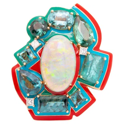 Pre-owned Austy Lee 4.26ct Opal & Tourmaline & Diamond Ring, 18k Rose Gold,  In Red