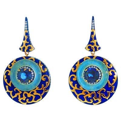 Pre-owned Austy Lee 4.7 Carat Blue Sapphire & Jade & Diamond Earring, 18k Yellow Gold,