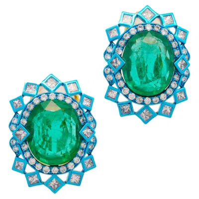 Pre-owned Austy Lee 8.28 Carat Emeralds, Diamond Stud Earrings, 18k Gold,  In Multi
