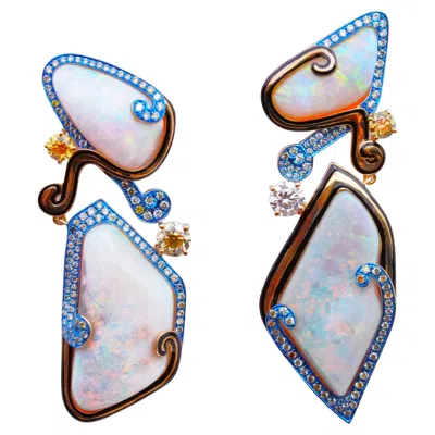 Pre-owned Austy Lee Australian Opal & Fancy Color Diamond Earrings, 18k Gold,  In Multi