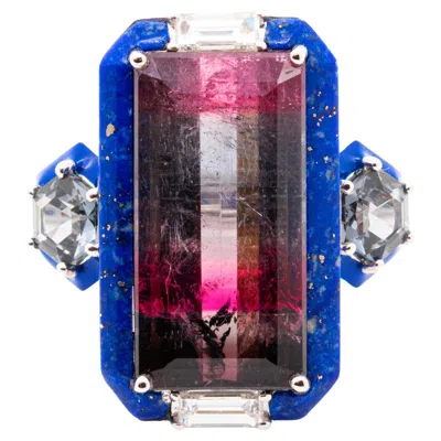 Pre-owned Austy Lee Bi-color Tourmaline & Spinel & Lapis & Diamond Ring, 18k Gold,  In Multi