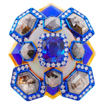 Pre-owned Austy Lee Blue Sapphire, Opal, Flat-cut Diamond And Diamond Ring, 18k Gold,