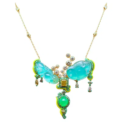 Pre-owned Austy Lee Burmese Jadeite Jade & Fancy Color Diamond Necklace, 18k Gold,  In Green