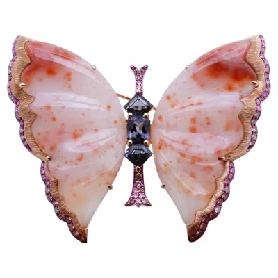 Pre-owned Austy Lee Diamond & Spinel & Peach Quartzite Butterfly Brooch/pendant, 18k Gold,  In Multi