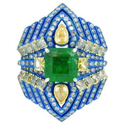 Pre-owned Austy Lee Emerald, Yellow Diamond And White Diamond Ring, 18k Gold,