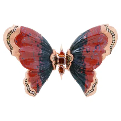 Pre-owned Austy Lee Fancy Color Diamond & Oceanjasper Butterfly Brooch/ Pendant, 18k Gold,  In Multi