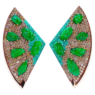 Pre-owned Austy Lee Green Jade & Emerald & Fancy Color Diamond Fan Earrings, 18k Gold,
