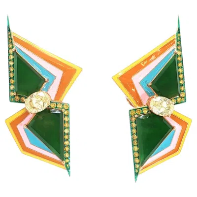 Pre-owned Austy Lee Green Jade & Enamel & Yellow Diamond Earrings, 18k Rose Gold,