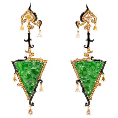 Pre-owned Austy Lee Green Jade & Fancy Color Diamond Earrings, 18k Yellow Gold,