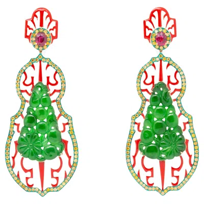 Pre-owned Austy Lee Green Jade & Ruby & Color Diamond Earrings, 18k Rose Gold,  In Red