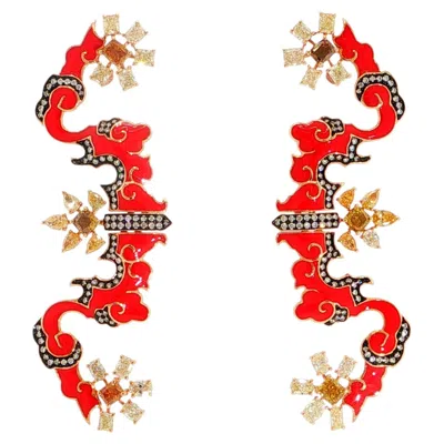 Pre-owned Austy Lee Holy Fire With Golden Flowers Earrings, 18k Rose Gold,  In Red