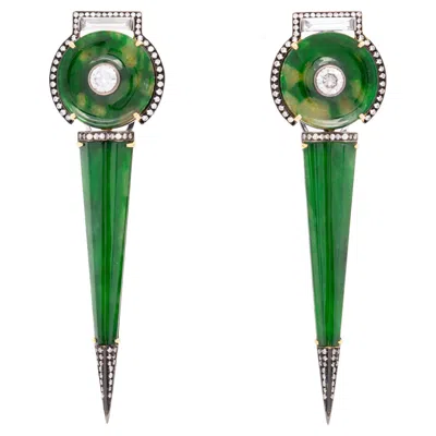 Pre-owned Austy Lee Natural Burmese Green Jade & Diamond Earrings, 18k Gold,