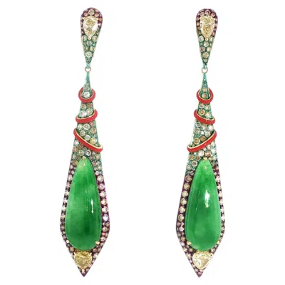 Pre-owned Austy Lee Natural Burmese Jadeite & Color Diamond Earrings, 18k Yellow Gold,