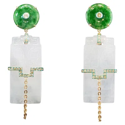 Pre-owned Austy Lee Natural Burmese Jadeite & Diamond Earrings, 18k Yellow Gold,