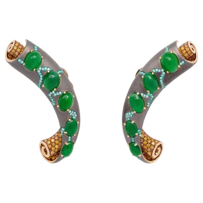 Pre-owned Austy Lee Natural Green Jade & 2.1 Carats Diamond Parchment Earrings, 18k Gold,