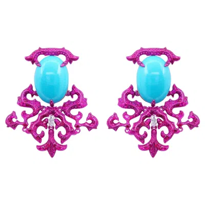 Pre-owned Austy Lee Natural Turquoise & Ruby & Diamond Earrings, 18k Gold,  In Multi