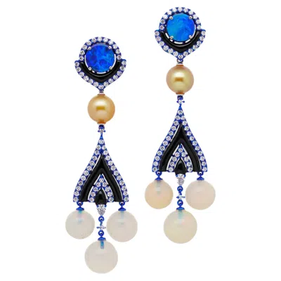 Pre-owned Austy Lee Opal, Gold Pearl, Onyx & Diamond Chandelier Earrings, 18k Gold,  In Black