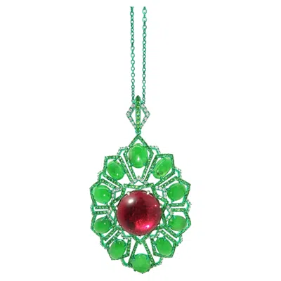 Pre-owned Austy Lee Rubellite, Burmese Jadeite, Tsavorite & Diamond Pendant, 18k Gold,  In Multi