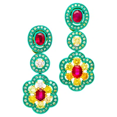 Pre-owned Austy Lee Ruby, Fancy Yellow Diamond & Diamond Earrings, 18k Gold,
