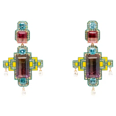 Pre-owned Austy Lee Tri-color Tourmaline & Zircon & Diamond Earrings, 18k Rose Gold,  In Red