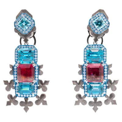 Pre-owned Austy Lee Tri-color Tourmaline & Zircon & Diamond Earrings, 18k White Gold,