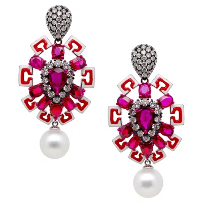 Pre-owned Austy Lee Unheated Ruby, White South Sea Pearl & Diamond Earrings, 18k Gold,