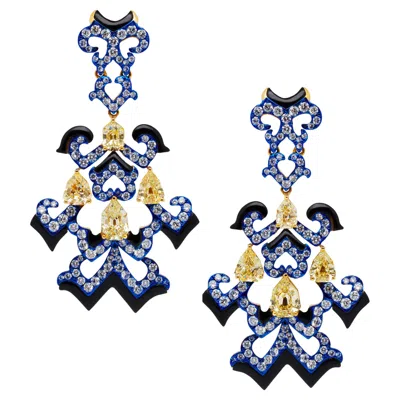 Pre-owned Austy Lee Yellow Diamond, Onyx & White Diamond Earrings, 18k Gold,