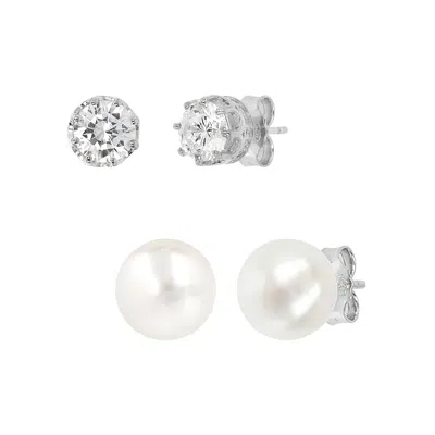 Autentica - Cultured Pearl Set Of 2 Stud Boxed Earrings In Silver