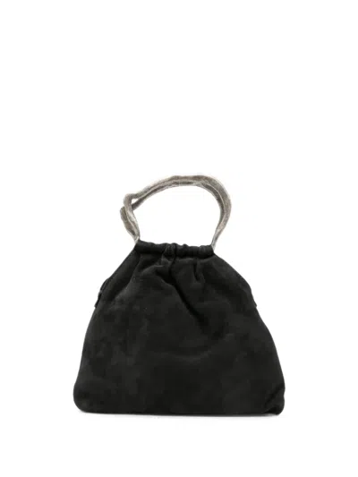 Autentica 504 Small Delia Sculptural-handle Suede Pouch In Black