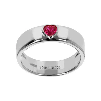 Autentica - Red Gemstone Heart Band Ring In Silver