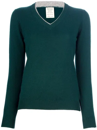 Authentic Original Vintage Style V-neck Sweater In Green