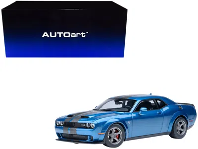 Autoart 2023 Dodge Challenger Srt Super Stock Frostbite Blue Metallic With Carbon Stripes 1/18 Model Car By 