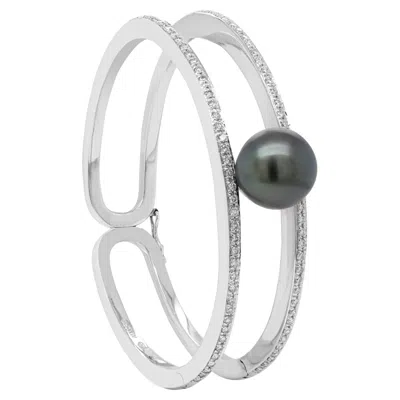 Pre-owned Autore Black South Sea Pearl And Diamond 18 Carat White Gold Two-row Bangle