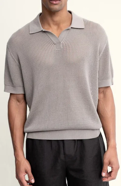 Auto-reply™ Johnny Collar Openwork Cotton Blend Polo Sweater In Gray