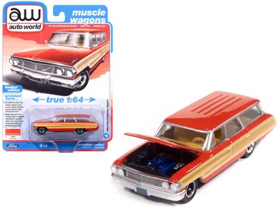 Autoworld 1964 Ford Country Squire Poppy Red With Woodgrain Sides "muscle Wagons" Series 1/64 Diecast Model Ca