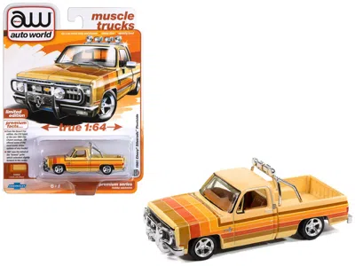 Autoworld 1981 Chevrolet Silverado Fleetside Pickup Cream W/ Stripes Hobby Exclusive Series 1/64 Diecast Auto  In Yellow