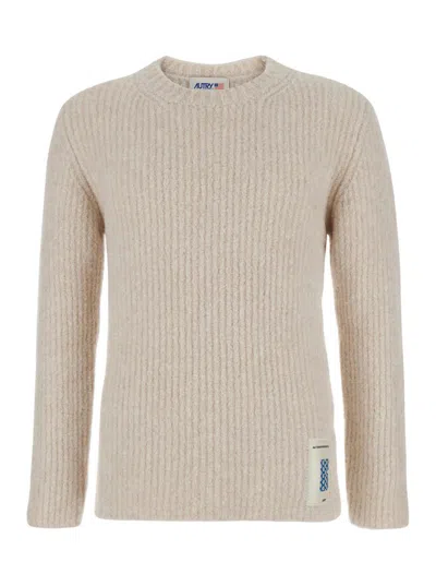 Autry Beige Crewneck Sweater With Logo Patch In Fabric Man