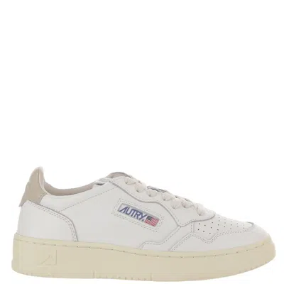 Autry Beige Leather Sneakers With Front Lacing And Logo Detail In White