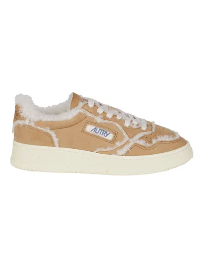 Autry Beige Medalist Low White Shearling Sheep Leather Sneakers In Brown