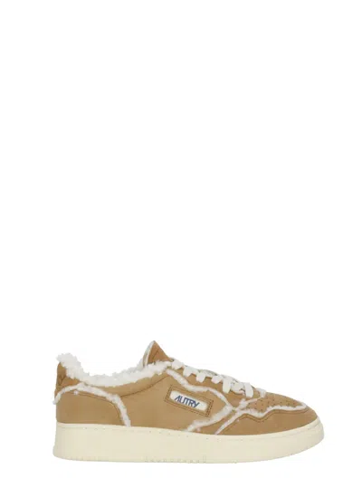 Autry Beige Suede Plush Fur Lining Low-top Sneakers In Brown