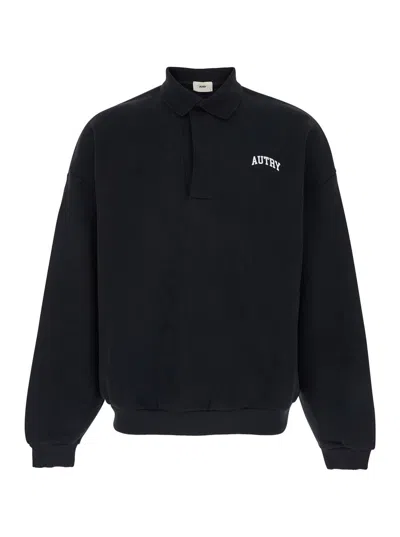 Autry Black Sweatshirt With Polo-style Collar And Logo On The Front In Cotton Man In Blue