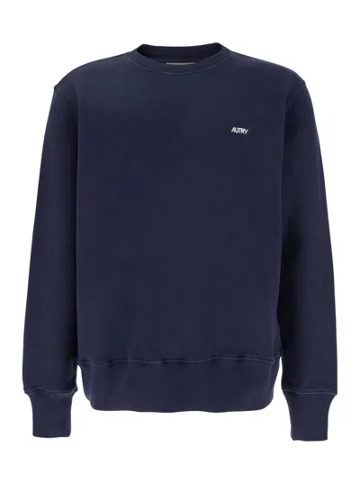 Autry Blue Crewneck Sweater With Logo Embroidered On The Front In Cotton Man